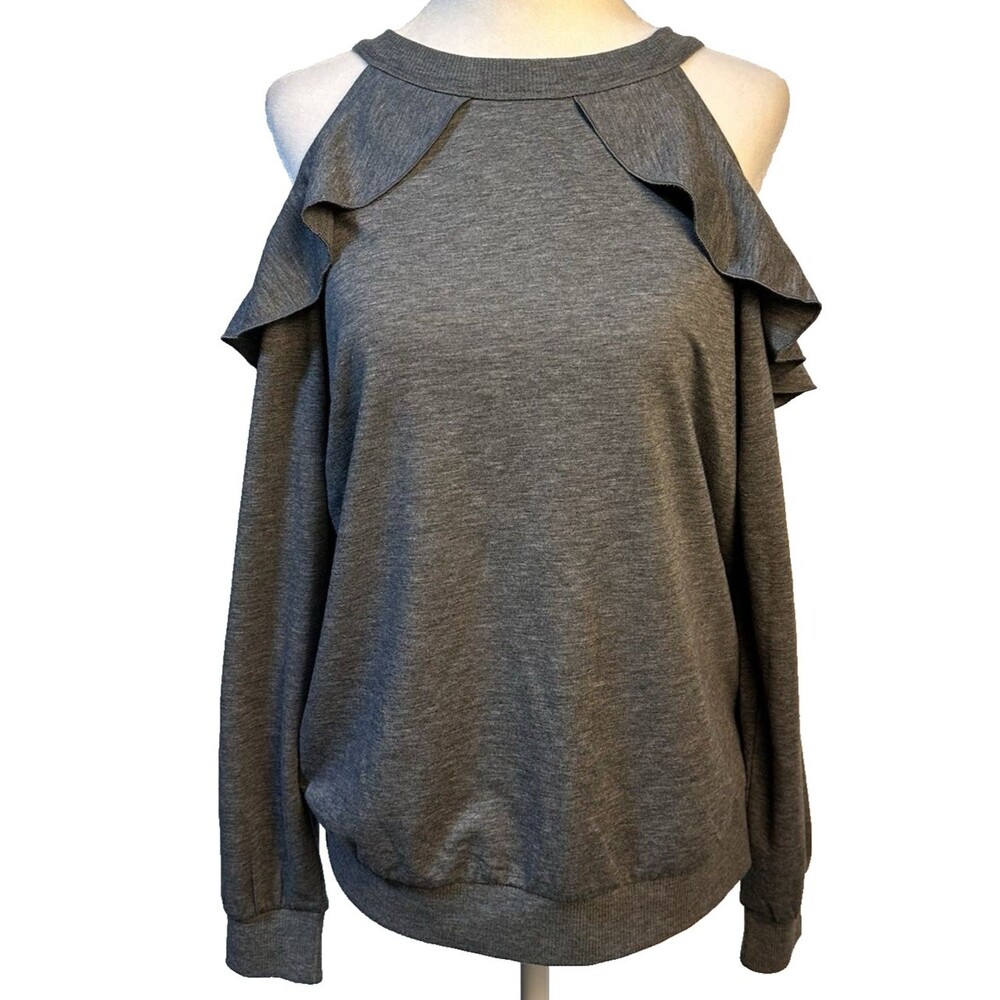 Women’s Express Gray Cold Shoulder Long Sleeve Top, ribbed cuffs/hem Size Small